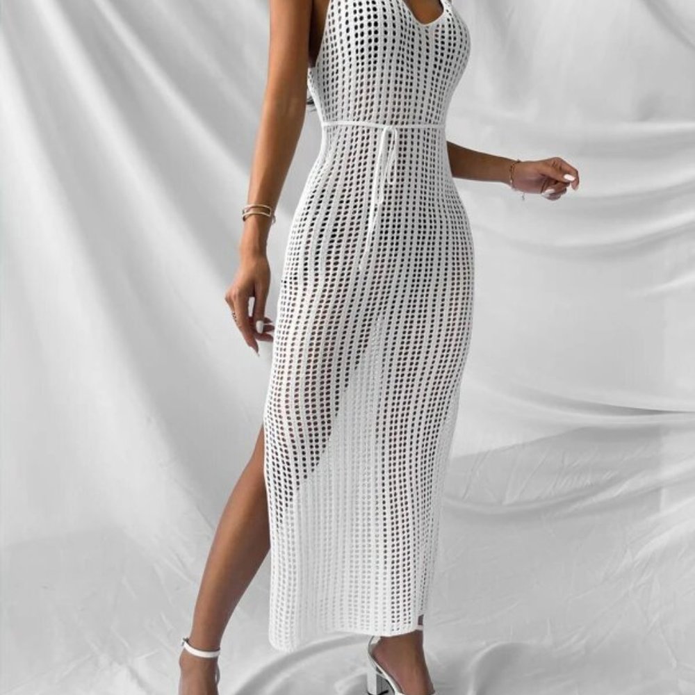 Boho White Split Hem Knitted Bathing Suit Swim Cover Up